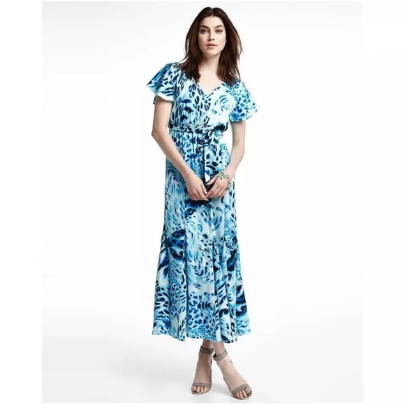 Laundry by Shelli Segal Blue Beret Leopard Print Maxi Dress 10 - Picture 1 of 11